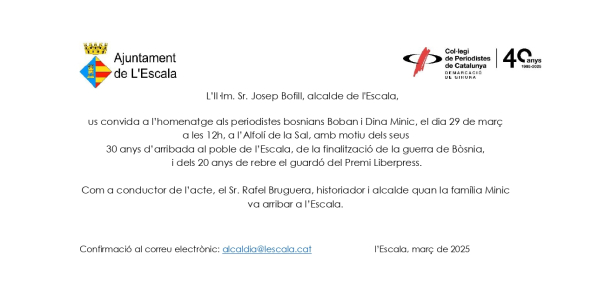 Invitació a l'acte d'homenatge als Minic. 