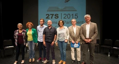 D'esquerra a dreta: Carme Abril, Hortènsia Grau, Jaume Solé, Germà Bel, Bibiana Porres, Antoni Polo i Matias Alonso. Fotos: Joan Revillas