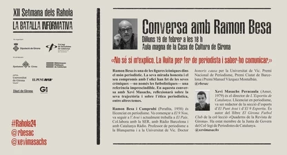 Ramon Besa protagonitzarà, juntament amb Xevi Masachs, la conversa «No sé si m’explico. La lluita per fer de periodista i saber-ho comunicar».