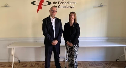 El degà del Col·legi de Periodistes de Catalunya, Joan Maria Morros, i la degana de l'ICAB, Cristina Vallejo, durant la trobada institucional celebrada el 4 de maig de 2026.
